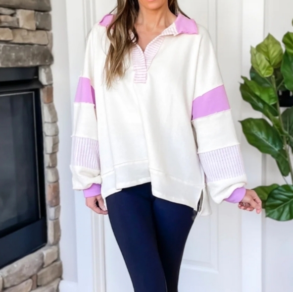 Boho French Terry Colorblock Sweater Oversized Lavender BucketList S/M/L NWT - Picture 9 of 9